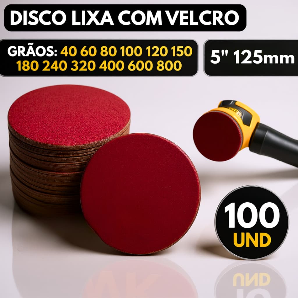 Kit 100 Disco de Lixa Velcro Circular 125mm Sem Furos Lixadeira Roto Orbital para Ferro Metal Madeira e Massa