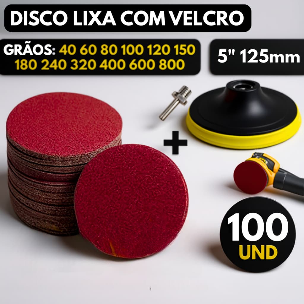 Kit Base Suporte Disco 125mm + 100 Lixas Sem Furos Com Velcro 5" Furadeira Esmerilhadeira