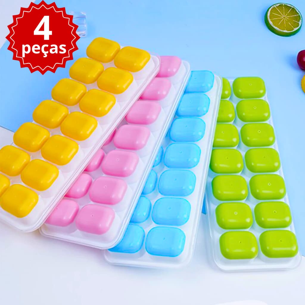 Kit 4 2 Formas de Gelo Silicone Com Tampa Rígida Flexível Fundo Retangular 14 Cubos Multiuso Lavável
