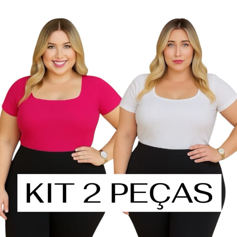 KIT COM 2 BLUSA PLUS SIZE ELEGANTE FEMININA MANGA CURTA SUPLEX ALGODÃO POLIAMIDA DECOTE QUADRADO