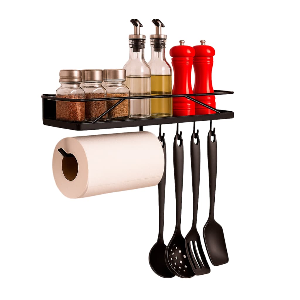 Porta Condimento de Parede Organizador de Tempero Multiuso Preto/Branco Utensilios de Cozinha Suspenso Com Gancho Aço
