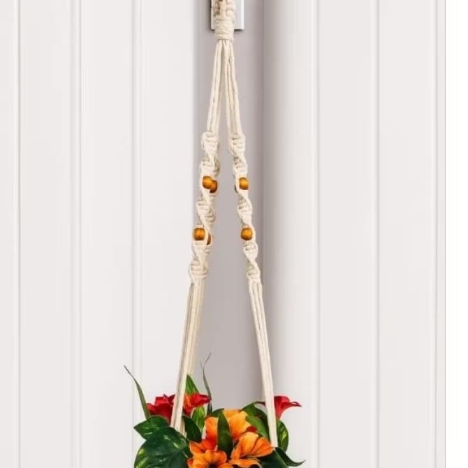 Suporte para Planta em Macramê Feito à Mão 80 cm– Decoração Boho para Vasos com 6 bolinhas demadeira