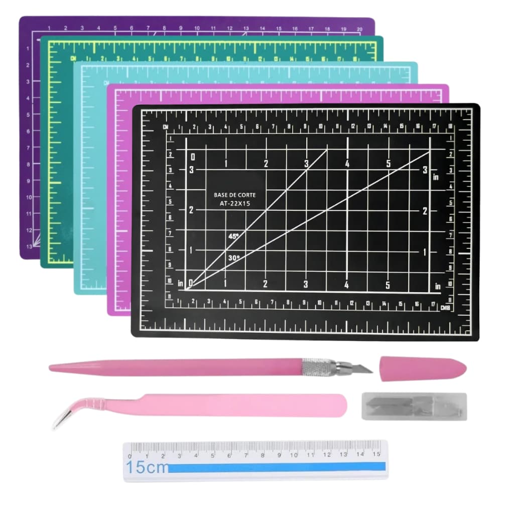 Kit Patchwork A5 Base de Corte 22x15 Régua Estilete Pinça