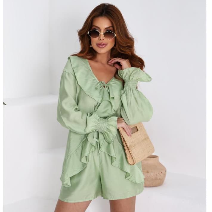 Conjunto feminino manga longa com babados – cor marrom elegante, estilo casual chic tecido leve e fluido