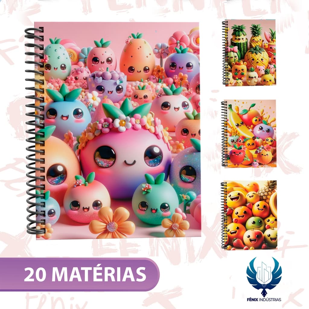 Caderno Universitário Capa Dura Linha Frutas 🍓🍊🍍 Coloridos, divertidos e cheios de personalidade!