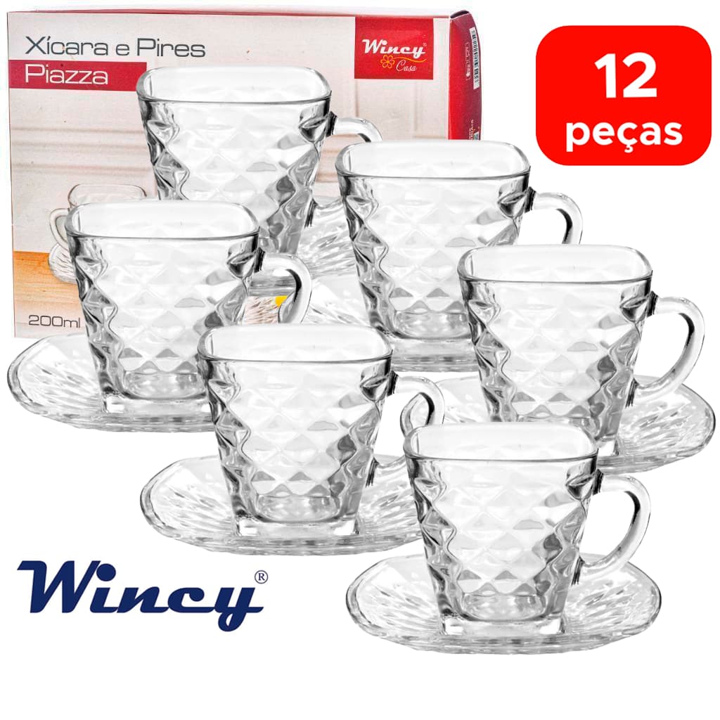 Kit jogo conjunto xicara 200ml 12 Peças sendo 6 Xícaras e 6 Pires Café Chá Cappuccino Vidro Elegante Durável