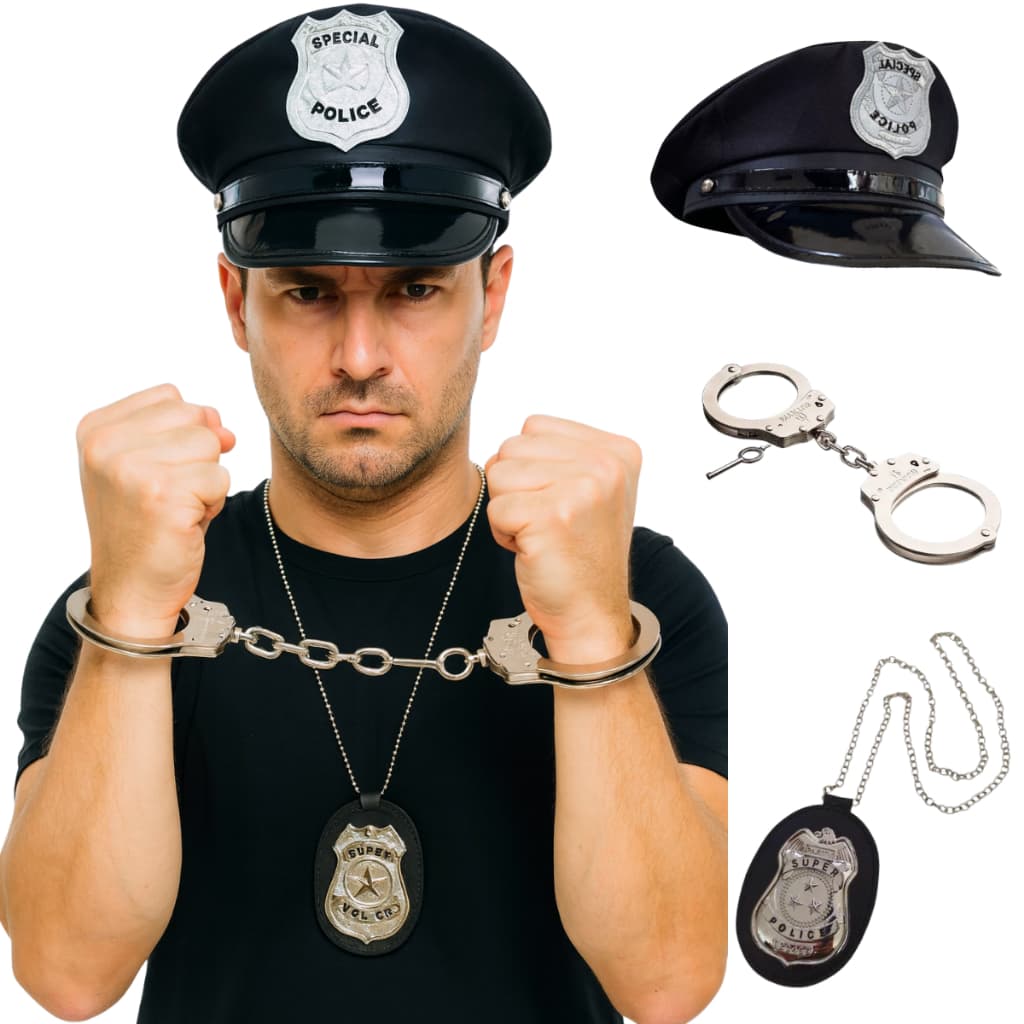 Fantasia Policial Adulto Completo Com Quepe Preto Algemas E Distintivos