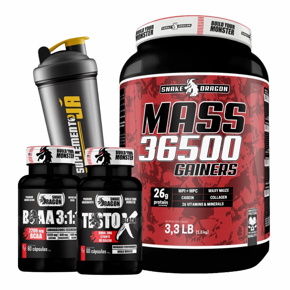 Hipercalórico Mass 36500 3.3LB 1.5kg + Testo X Black + BCAA 3:1:1 + Coqueteleira 600ml