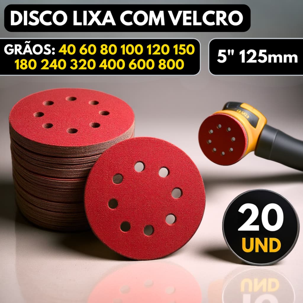 Kit 20 Disco de Lixa Velcro Circular 125mm 8 Furos Roto Orbital para Ferro Metal Madeira e Massa