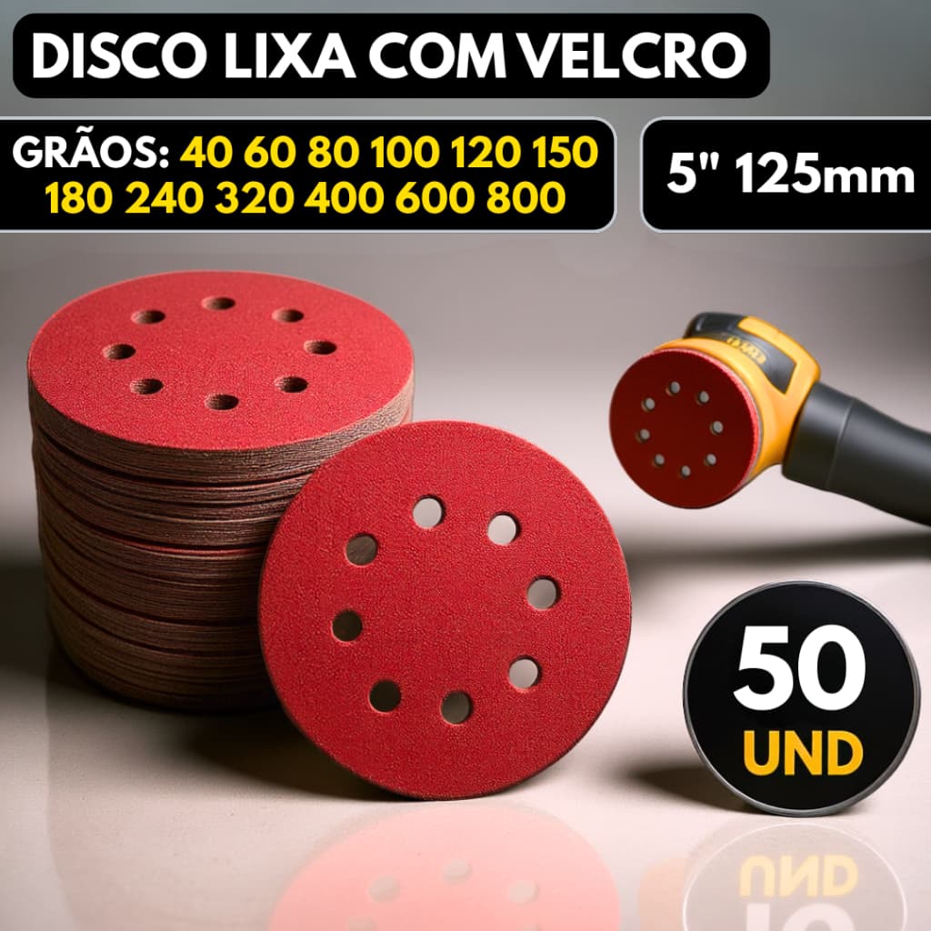 Kit 50 Disco de Lixa Velcro Circular 125mm 8 Furos Lixadeira Roto Orbital para Ferro Metal Madeira e Massa