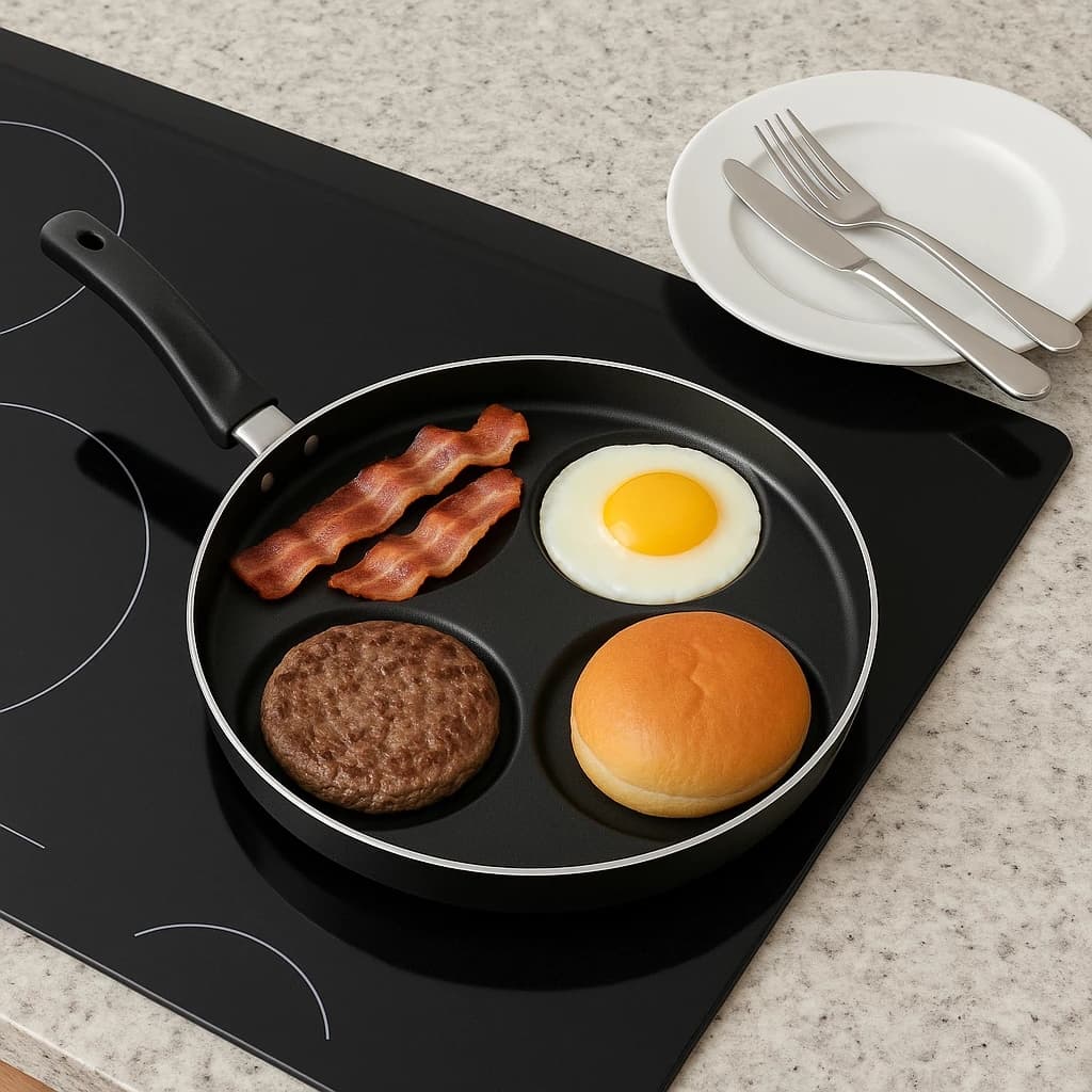 Frigideira 4 em 1 Antiaderente Preta Divisória Cozinha Ovos Hambúrguer Panela Grelha Fritar Grelha