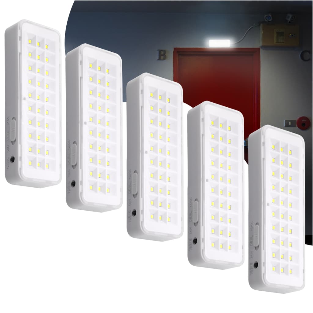Kit 5 Luminária de Emergência Bateria Recarregável Luz Branco Frio Bivolt Lâmpada 30 leds 110v 220v