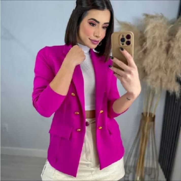 Blazer Feminino Casaquinho Alfaiataria Longo Sobretudo Casaco Social Com Botão e Bolso Falso