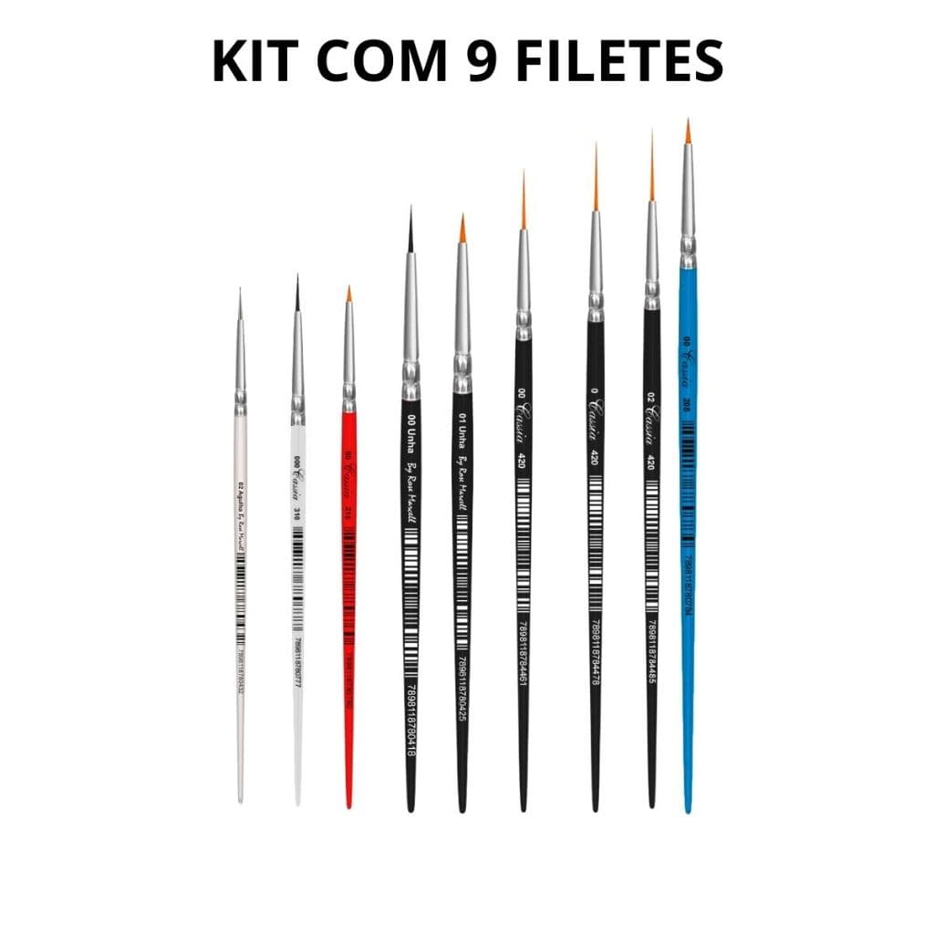 Kit 9x Pincel para Pintura Filete Traço Fino Liner - Pincéis Cássia