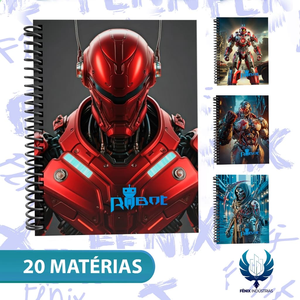 Caderno Universitário Capa Dura Decorado – Linha Robôs 🤖⚡