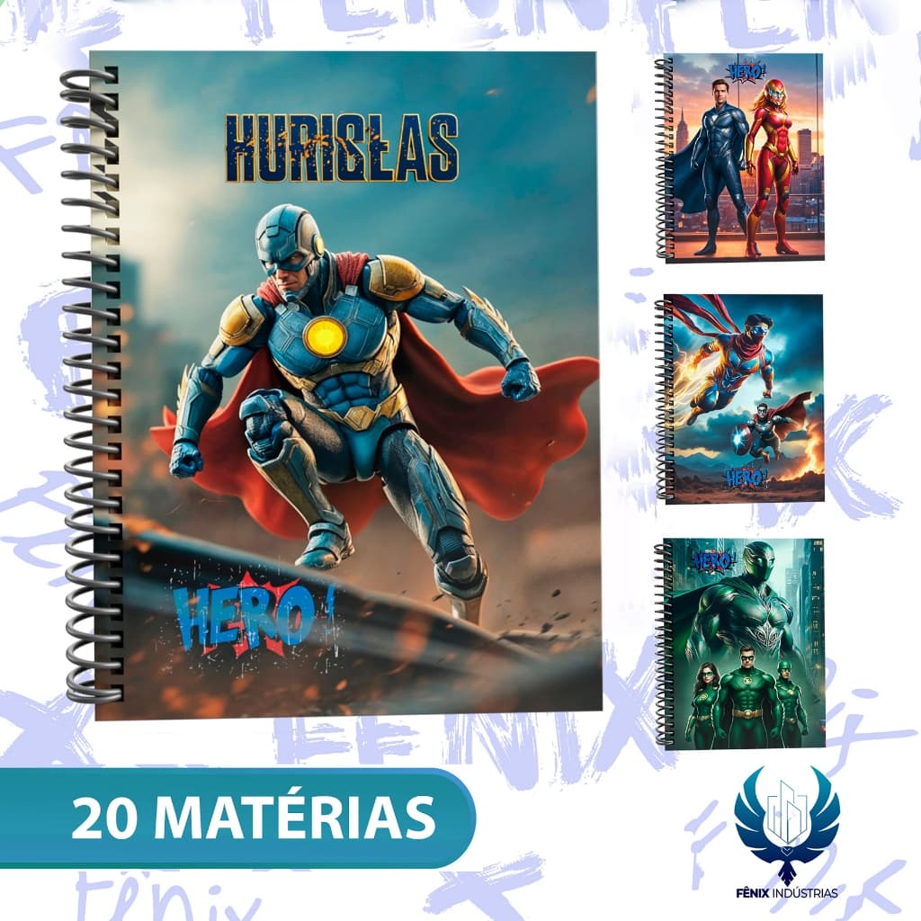 Caderno Universitário Capa Dura Decorado – Linha Heróis 🦸‍♂️🦸‍♀️