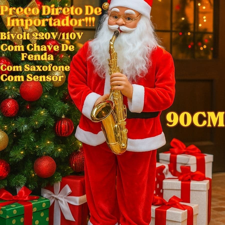 Papai Noel Com Saxofone 90Cm Bivolt 220V/110V Gigante Musical Com Sensor E Chave De Fenda