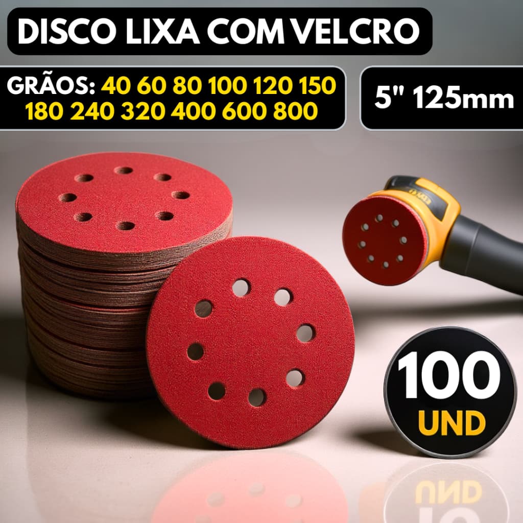 Kit 100 Disco de Lixa Velcro Circular 125mm 8 Furos Roto Orbital para Ferro Metal Madeira e Massa