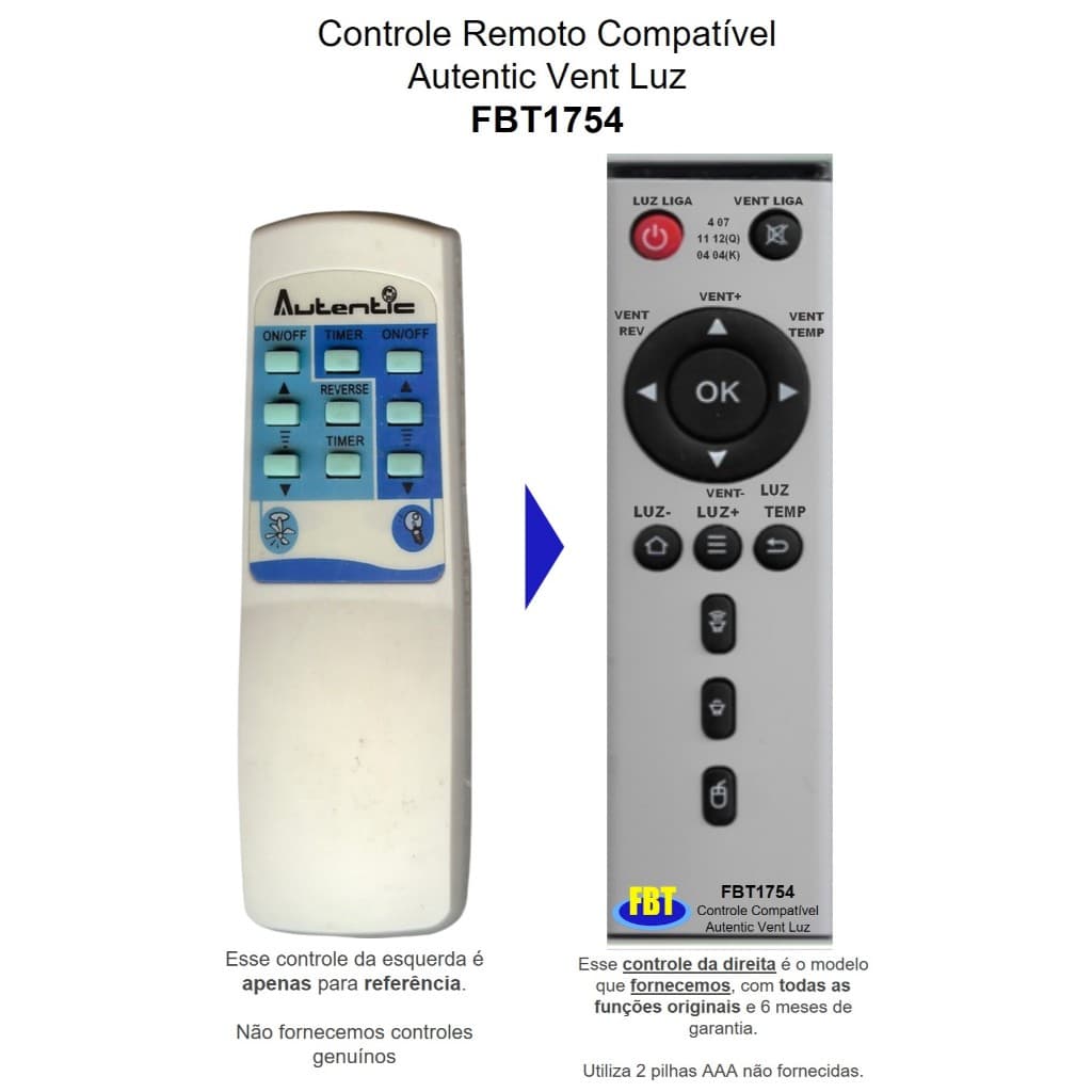 Controle Compatível Ventilador & Luz AUTENTIC FBT1754