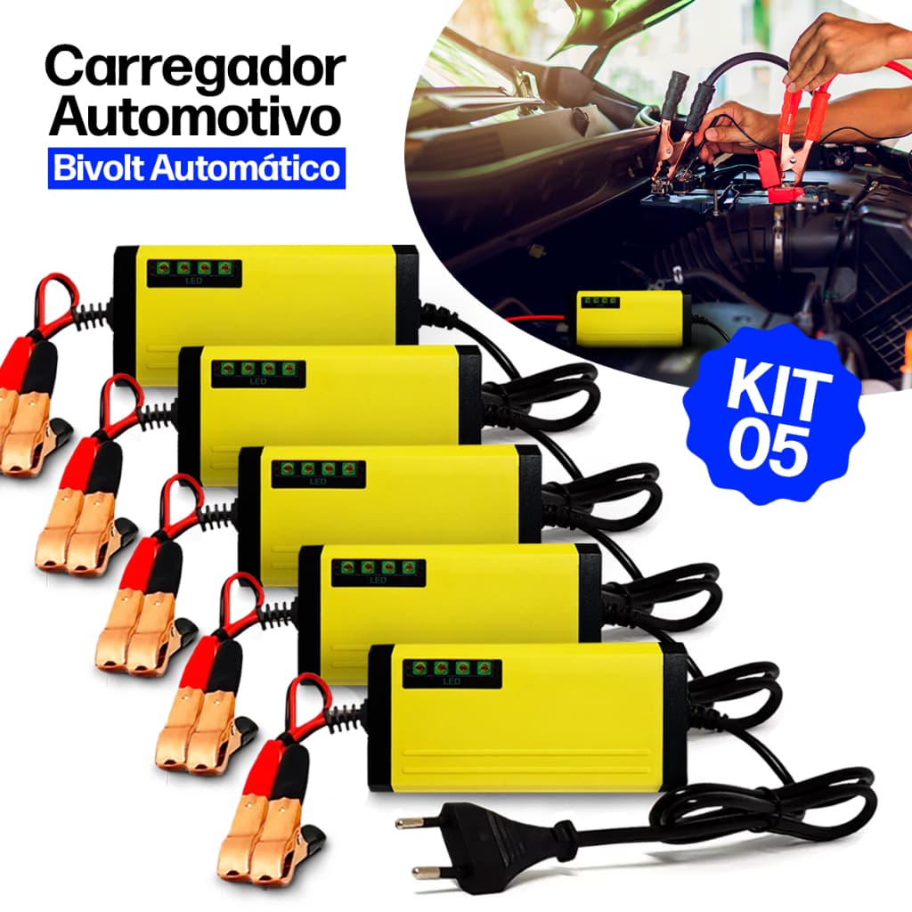 Kit 5 Carregador de Bateria Automotivo Inteligente Bivolt Carro Moto fonte 12v Cabo Chupeta