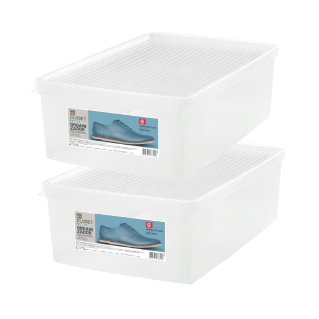 Kit 2 Caixa para Calçados Plástica Grande Ordene C/ Ventilação P/ Sapatos Tênis Empilhável Armário Closet Sapateira