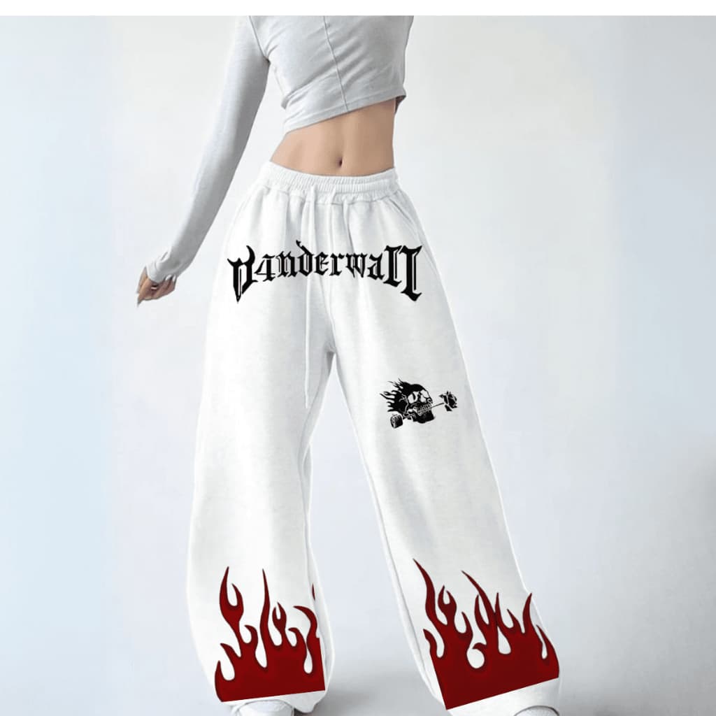 Calça Wide Leg Urban Style Moletom Confortável Unissex Estampada Premium Caveira Fogo