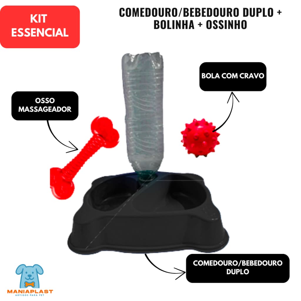 Kit Comedouro Bebedouro Automático 2 em 1 para Cães e Gatos – Comedouro Duplo com Garrafa + Brinquedos Pet
