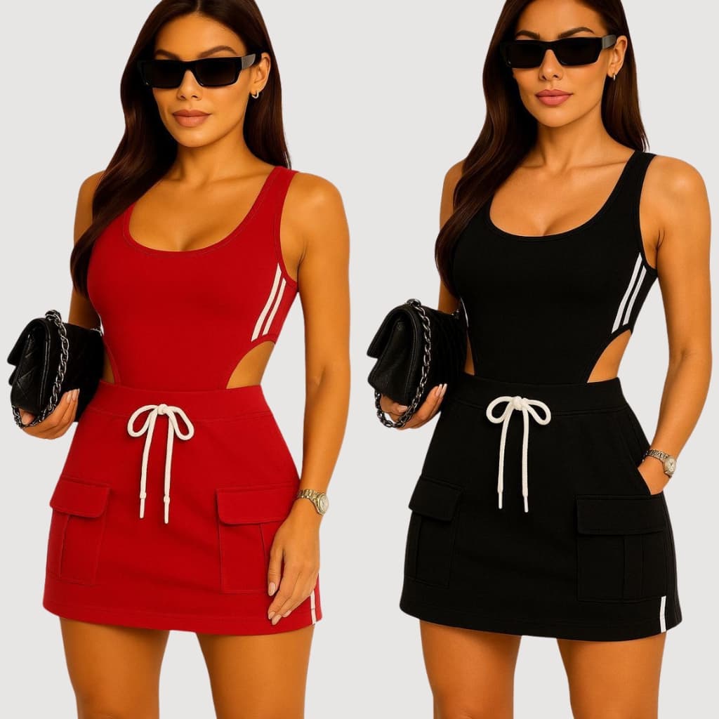 Conjunto Feminino Body Cavado Regata Saia com Bolso Esportivo Casual