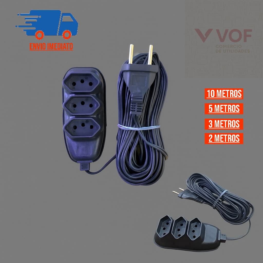 Extensão Elétrica 2 3 5 e 10 Metros com 3 Tomadas Bivolt 110v 220v