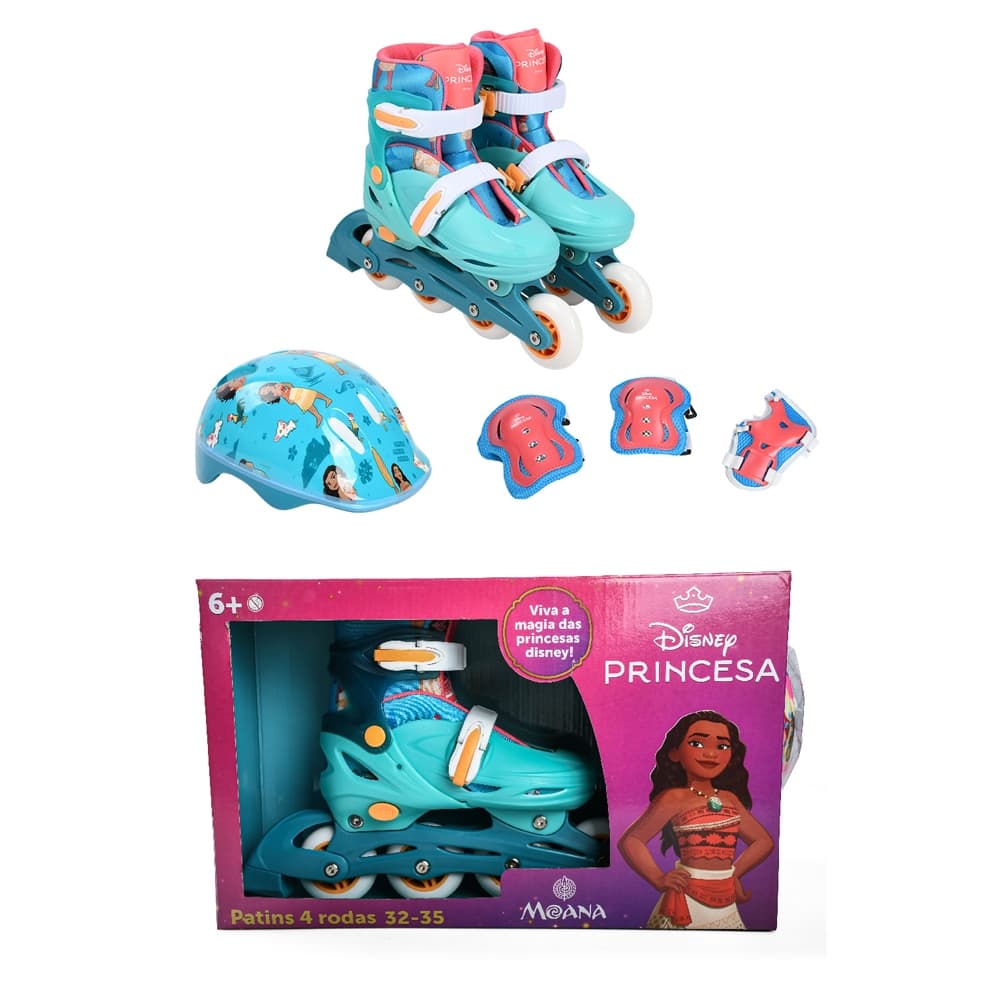 Patins Infantil 32-35 Moana com Proteção Capacete, Cotoveleira e Joelheira Rosa Disney