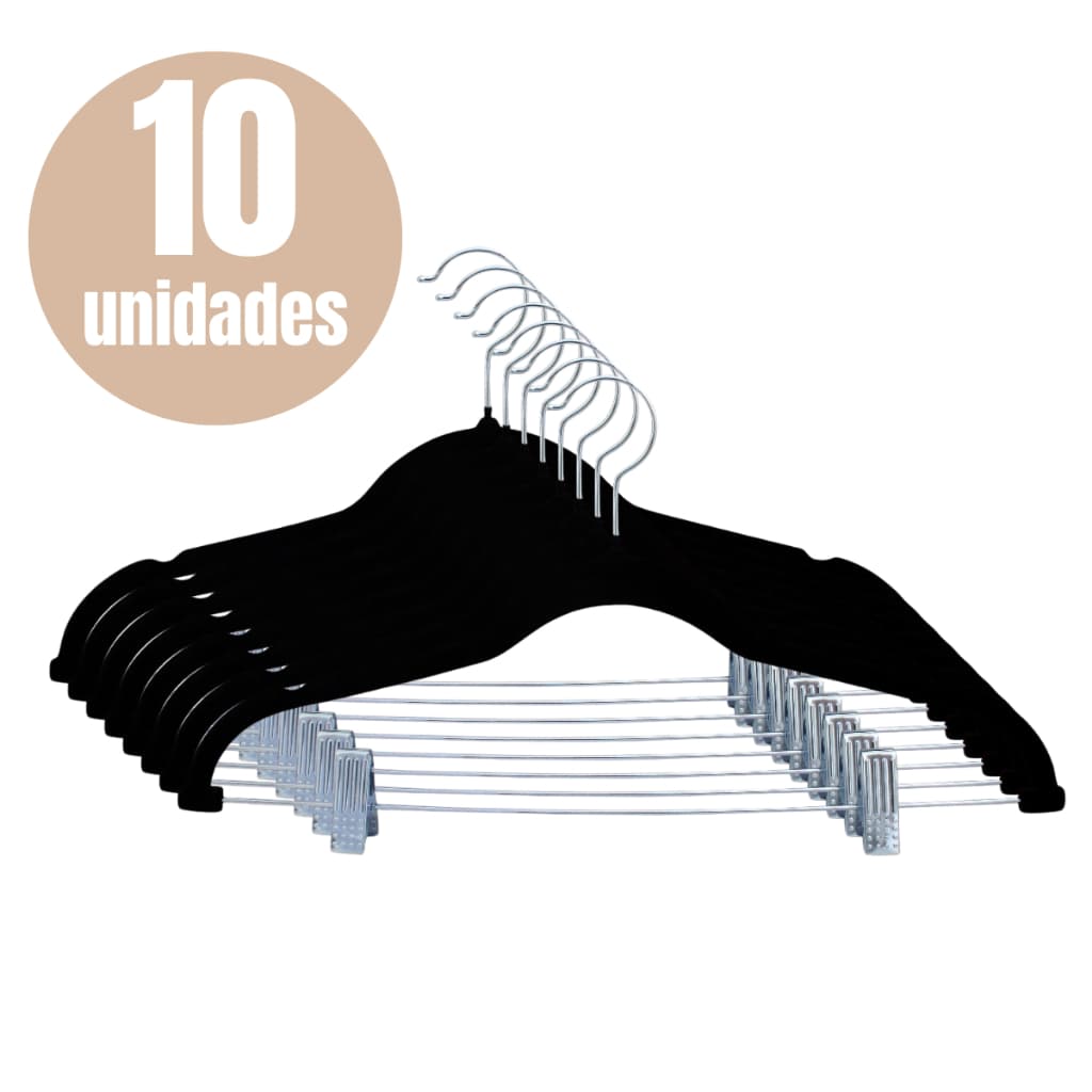 Kit 10 Cabides Veludo Presilha Preto Adulto Grande Reforçado Premium Atacado Calça Saia Camiseta