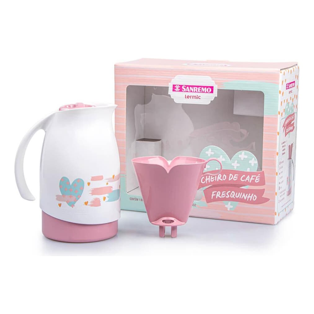 Garrafa Térmica Bule 700ml + Suporte Filtro De Café 102 Branca Cor Branco E Rosa Cheirinho De Café Fresquinho