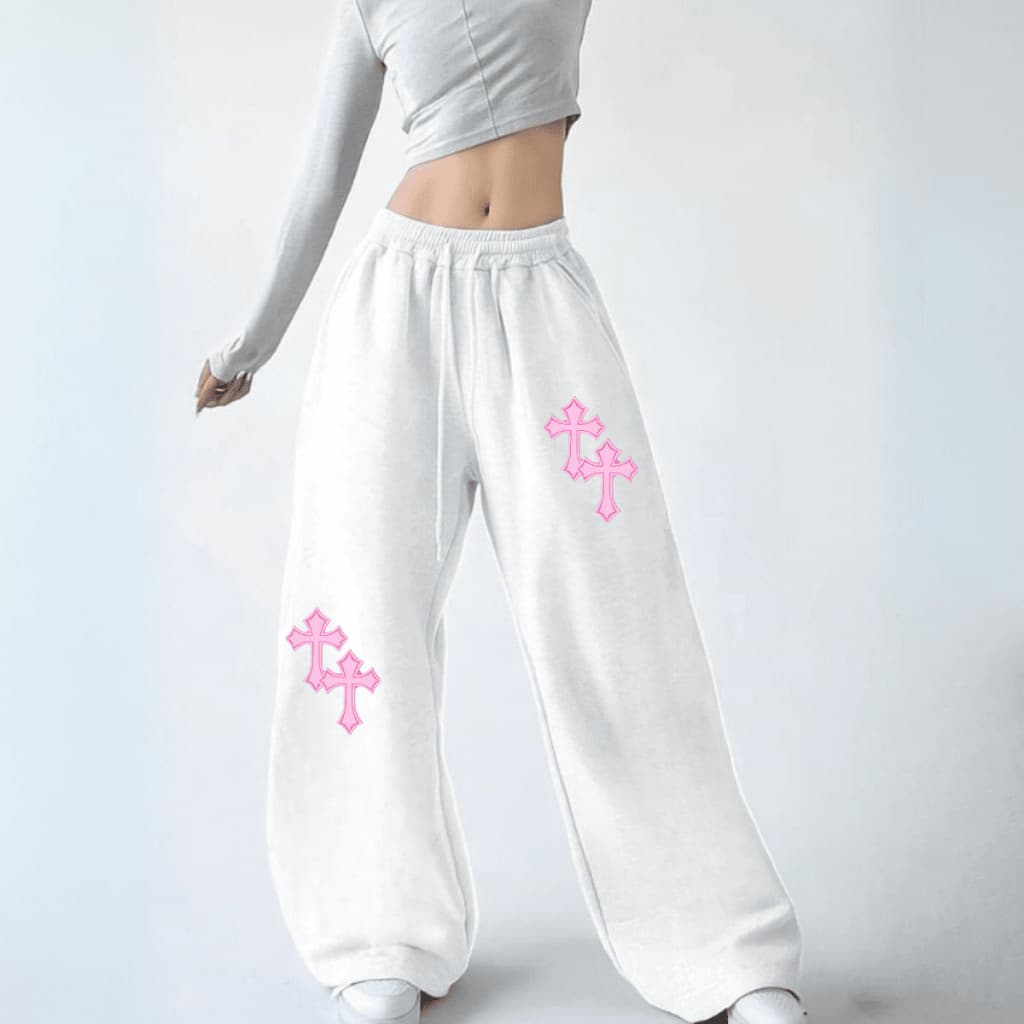 Moletom Calça Macia Larga Urban Style Wide Leg Flanelada Premium Tendência Hip Hop Modelo Cruzes Cor de Rosa