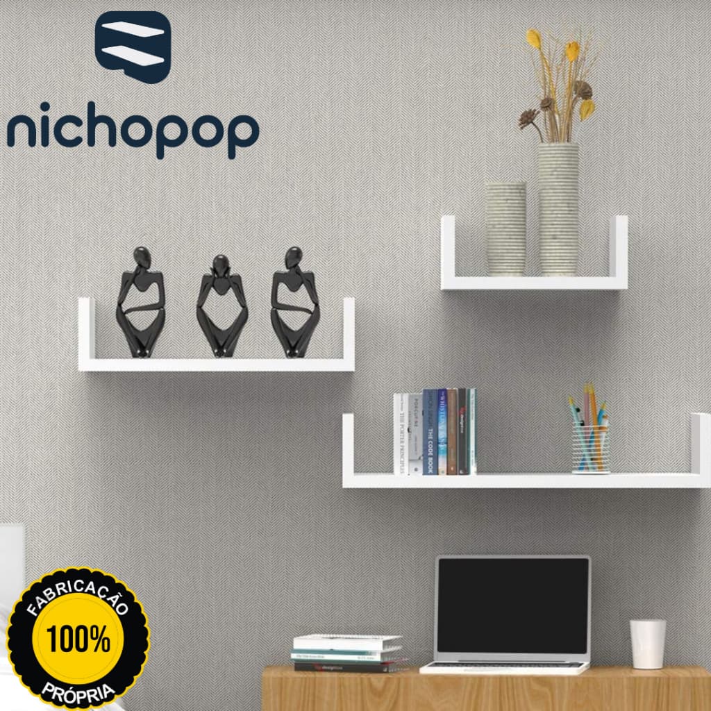 Kit 3 Prateleira Nicho U 40/50/60 Mdf Branco Decoração Livros Sala Quarto Cozinha