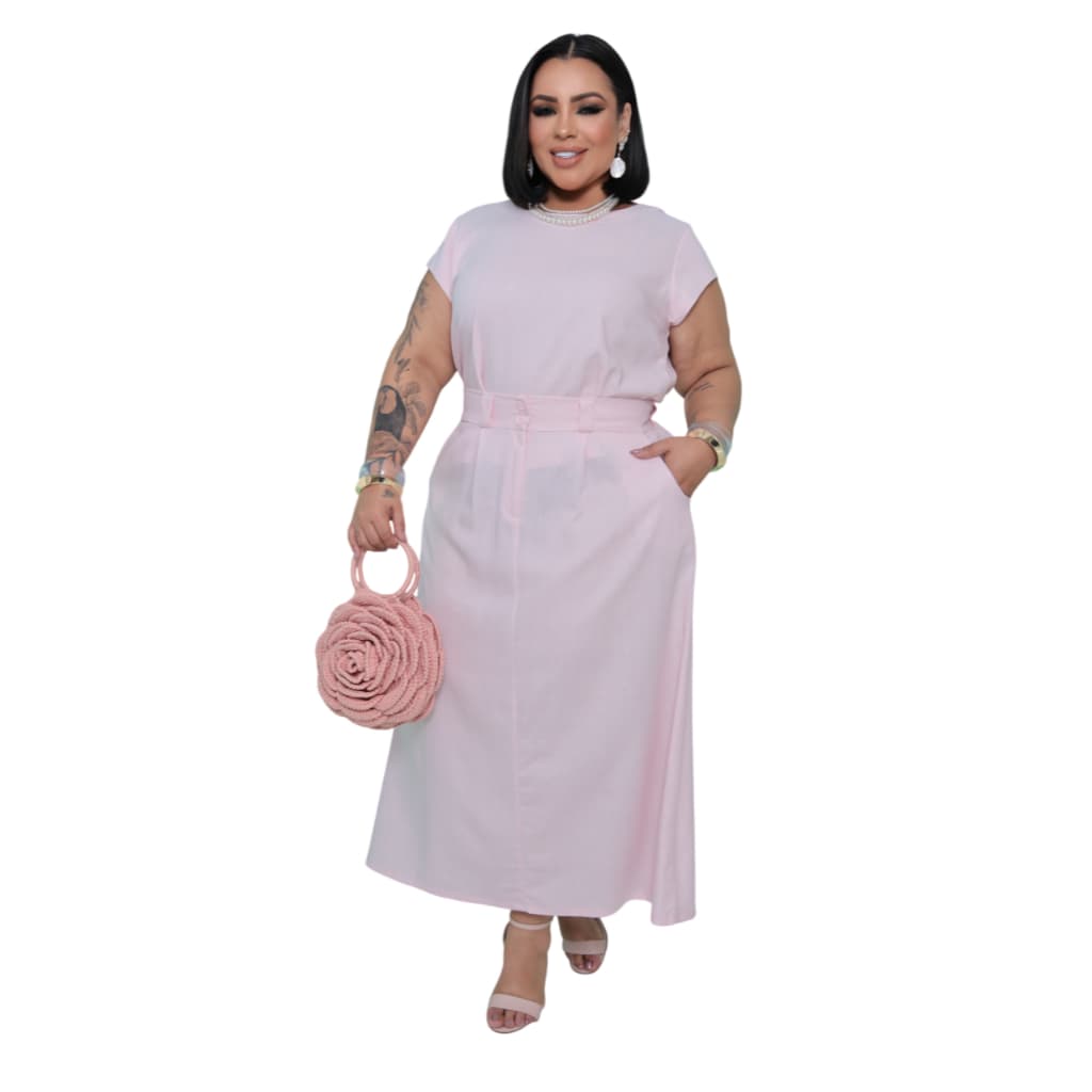 Conjunto Saia Longa e Blusa Manga Curta Plus Size Linho Feminino Moda Evangélica