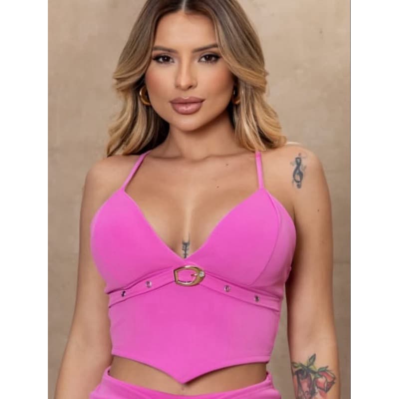Cropped Feminino com Bojo Estilo Corselet Moderno Moda Gringa Com Fivela Estilo Casual e Para Festas Sensual e Refinado