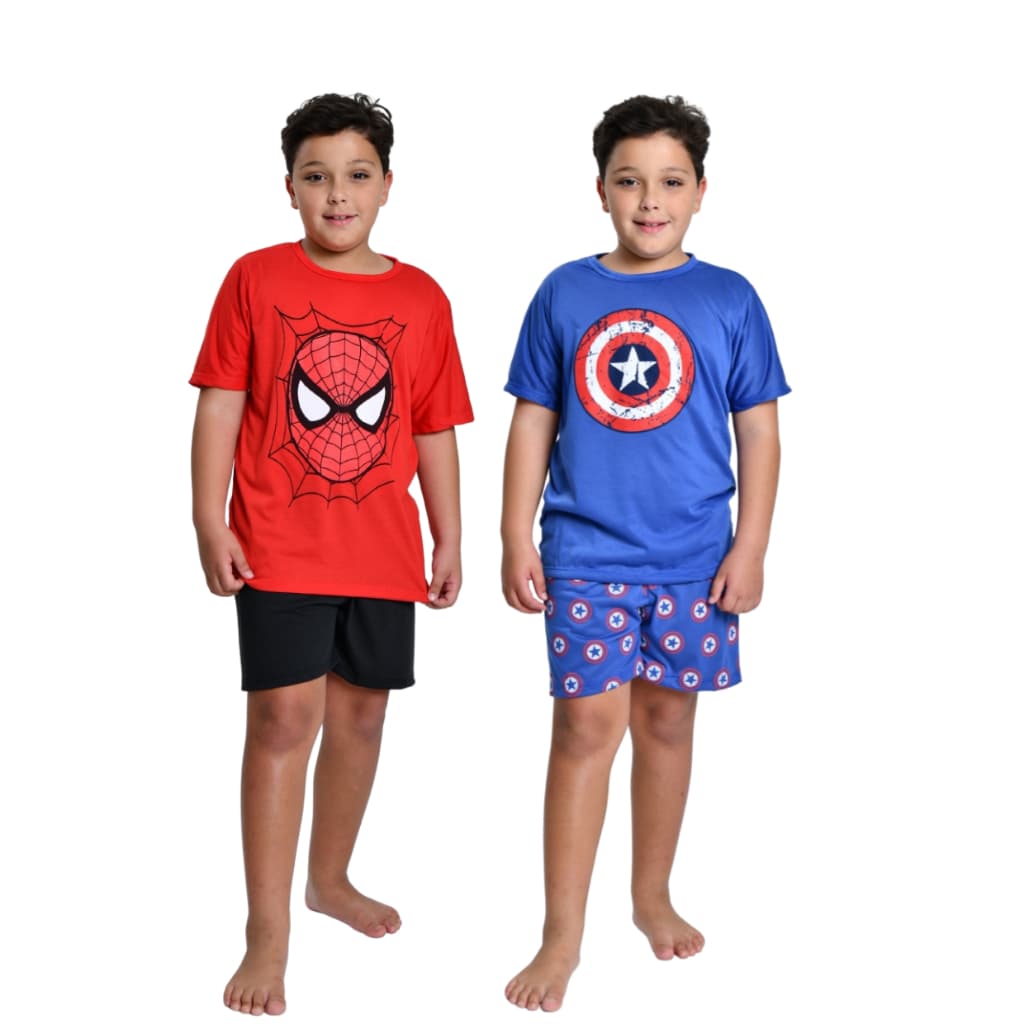 Kit 2 Pijamas Infantil Menino Verão Estampado Confortável Divertido Manga Curta E Short