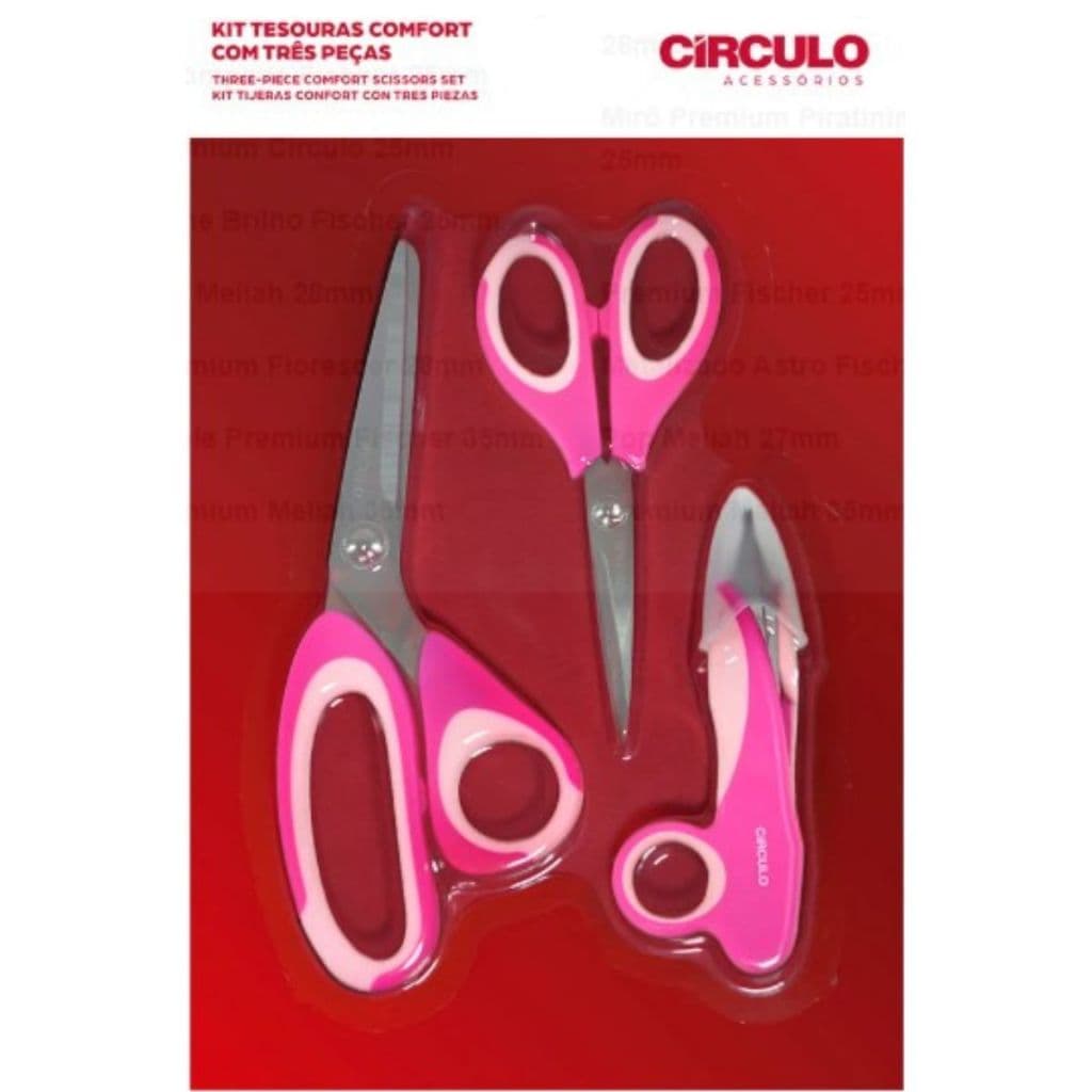 Kit Tesouras Comfort Círculo Rosa  - 3 Peças | Detalhe | Arremate
