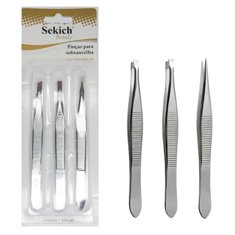 Pinça Profissionais designer sobrancelhas cor aço Liso kit 3 pinças