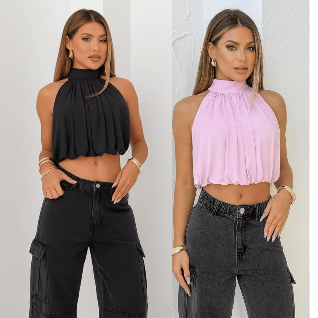 Cropped Feminino Balona  Gola Alta Estilo Plissado 2,0