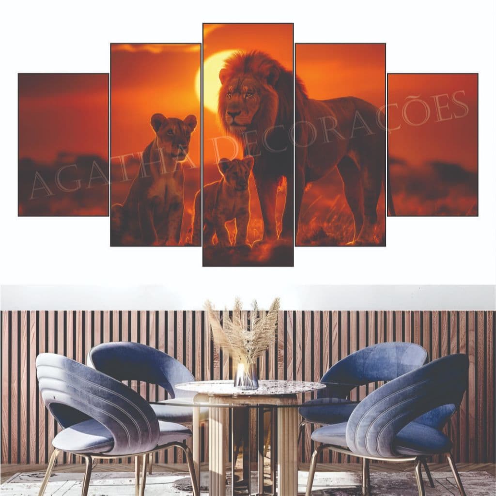Quadro decorativo Sala 115x60Cm Por Do Sol Família Leão Preto e Branco Decoração Escritório Quarto