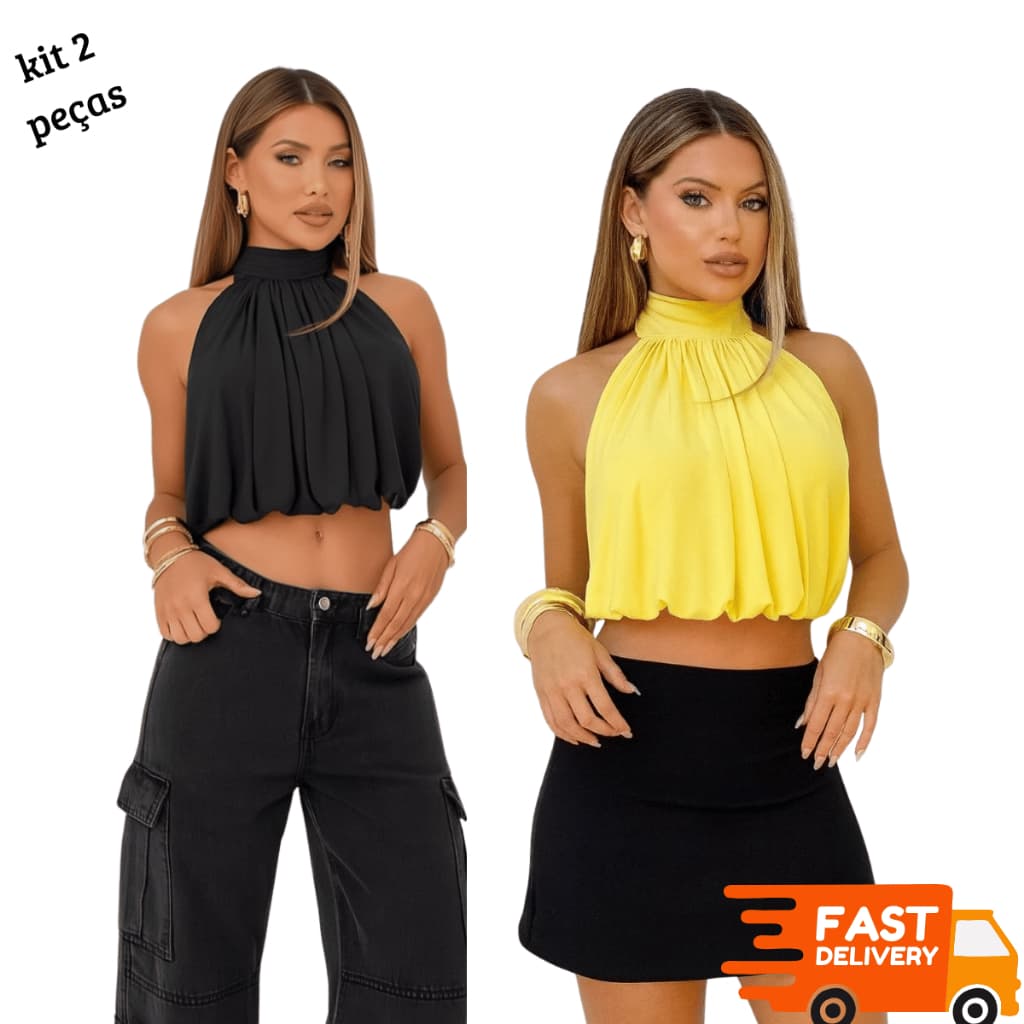 Kits de Cropped Feminino Top Balone  Gola Alta Estilo Plissado Elegância