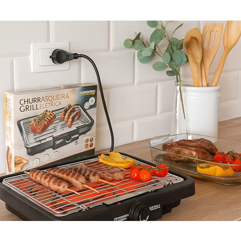 Churrasqueira Elétrica Grill com Grelha Removível Portátil Apartamento sem Fumaça 127V - Preta