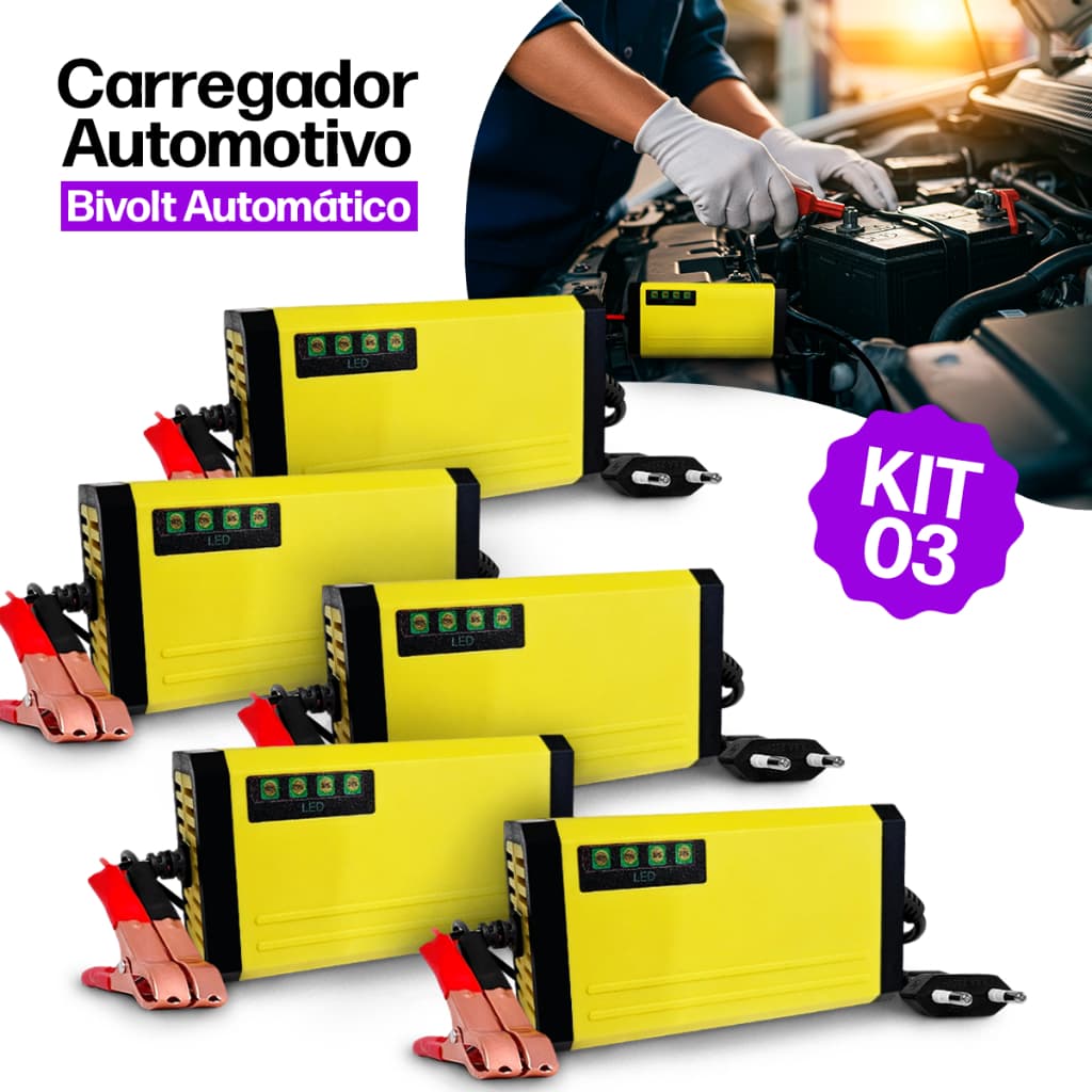 Kit 5 Carregador de Bateria Automotivo Inteligente Bivolt Carro Moto fonte 12v Cabo Chupeta