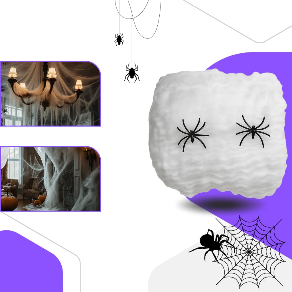 Kit Teia de Aranha com Mini Aranhas Decoração Halloween Terror Pretas para Festa, Casa e Ambientes