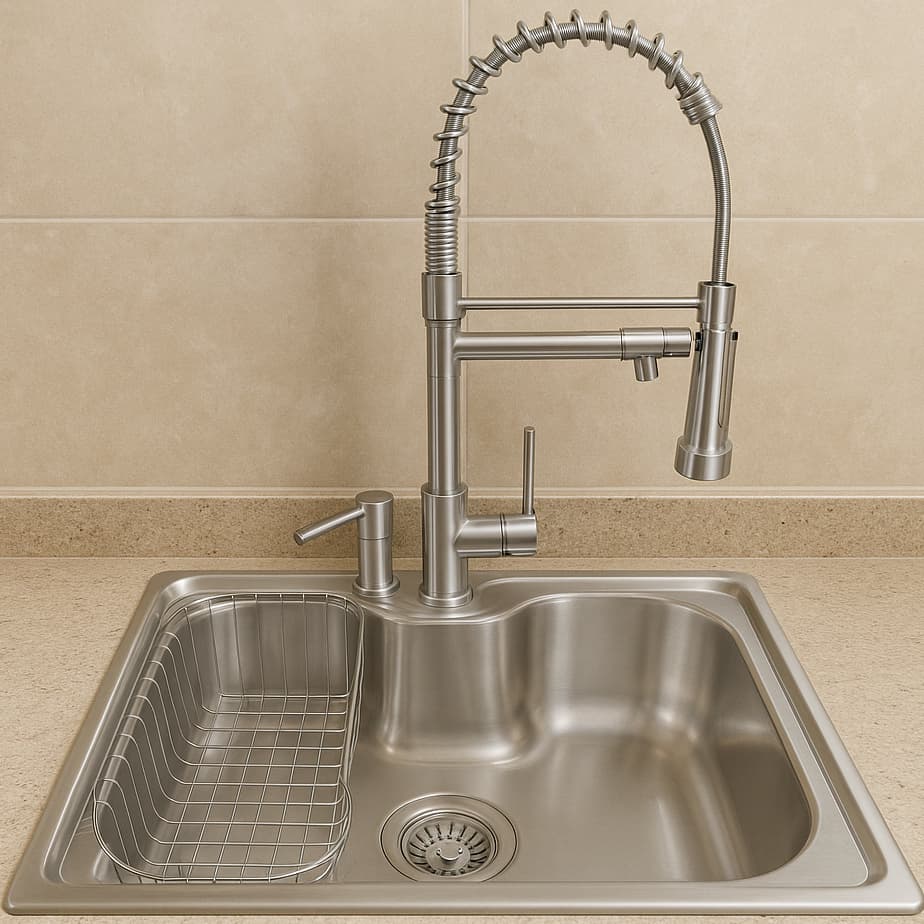 Jogo Torneira Inox Duplo Comando Flexivel + Cuba Gourmet Aço Inox 304 Torneira Acabamento Escovado Acetinado