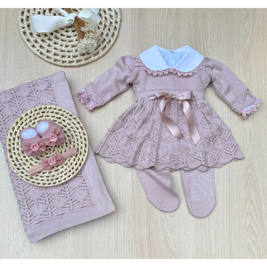 Saída de maternidade menina vestido laço rosê em tricot completa