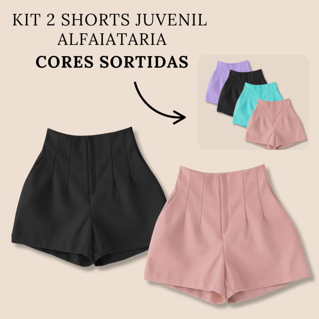 Kit 2 Shorts para Meninas Pré Adolescentes em Alfaiataria com Ziper
