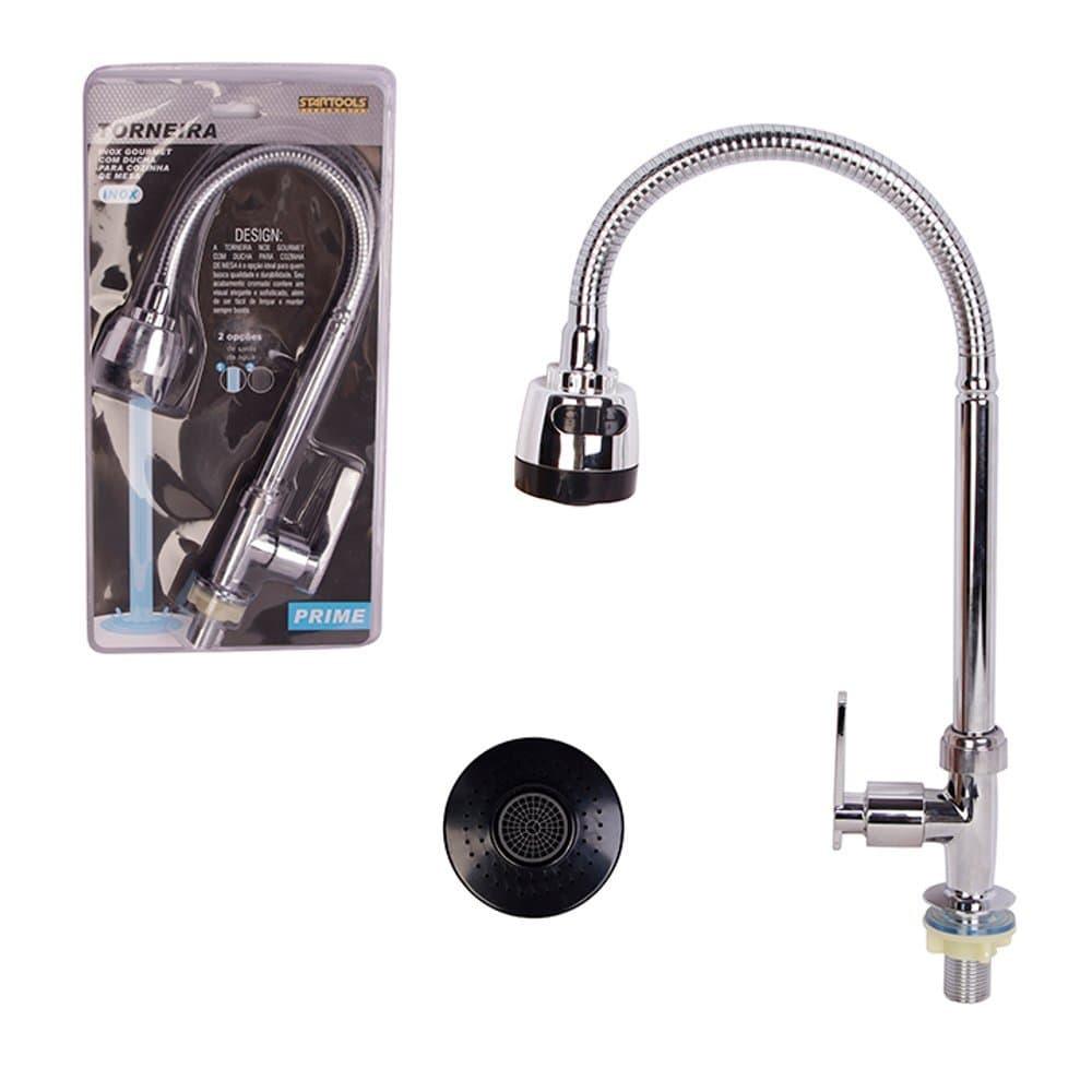 Torneira Gourmet Flexível Mesa Cozinha Bica Móvel Dupla Função Ducha Jato – Inox