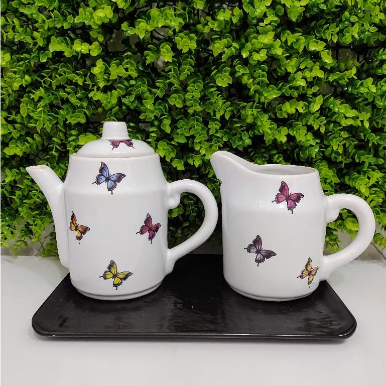 Jogo de Bule 1 litro  e Jarra de 850 ml Para Café Chá Bule Cerâmica Borboleta Classic